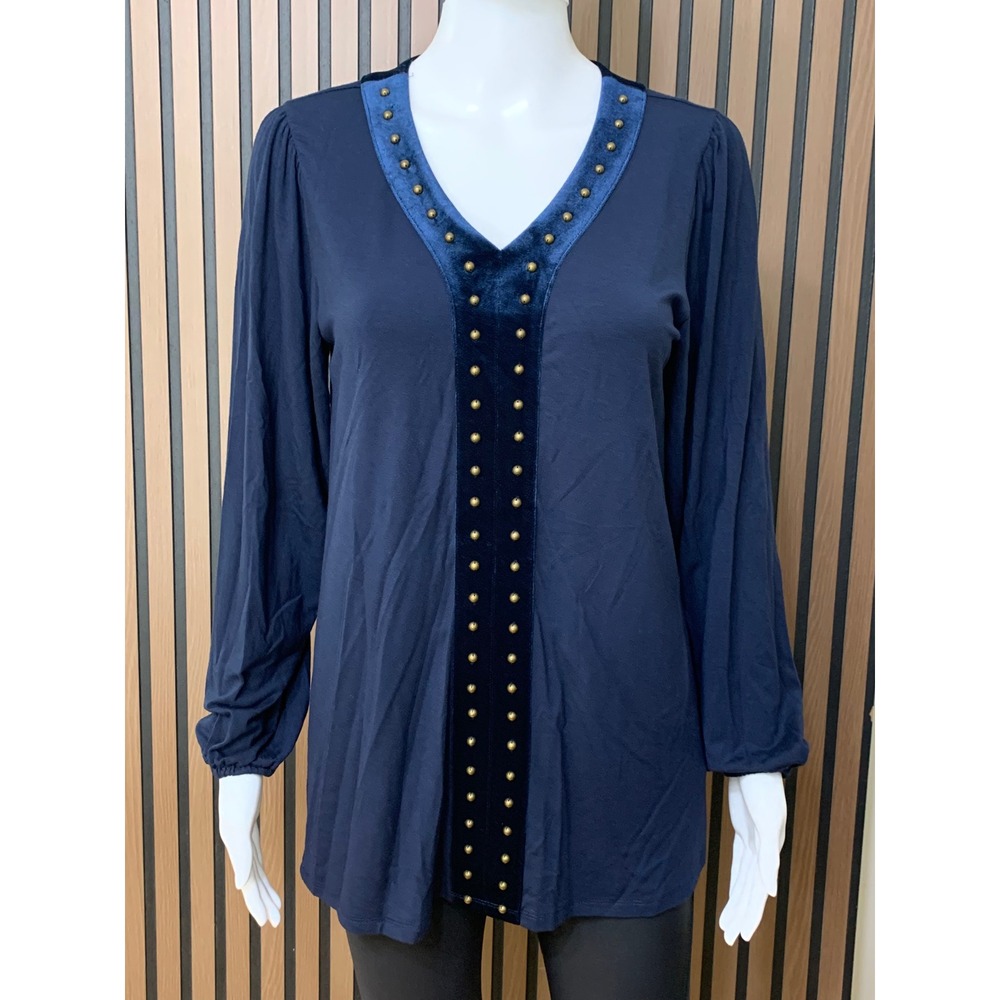 Soft Surroundings Navy Blue Velvet Studded V-Neck Tunic Top XS Classic